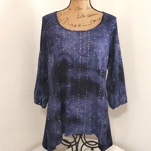 Sami & Jo Dark Purple Tie dye ric rack sequins  Shark bite hem Lg. Casual Travel